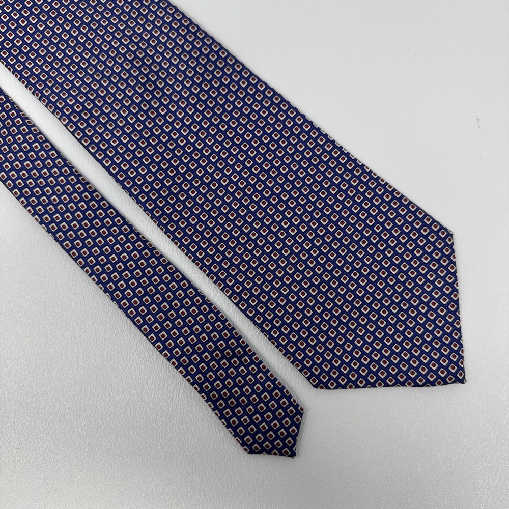 Ralph Lauren Mens Silk Tie‎ Blue Red Geometric Square Pattern Hand Finished